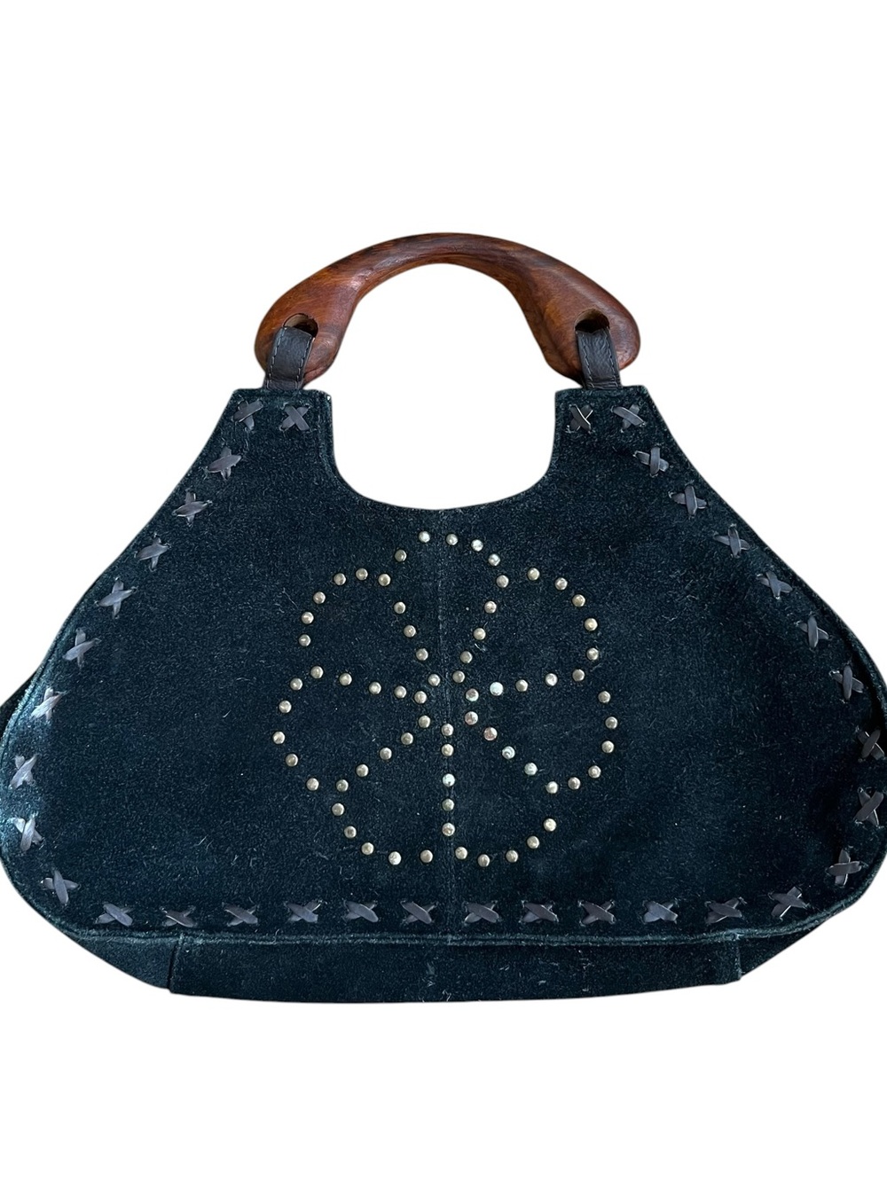 Vintage Studded Black Suede Boho Tote Bag with Wooden Top Handle by Le Chic